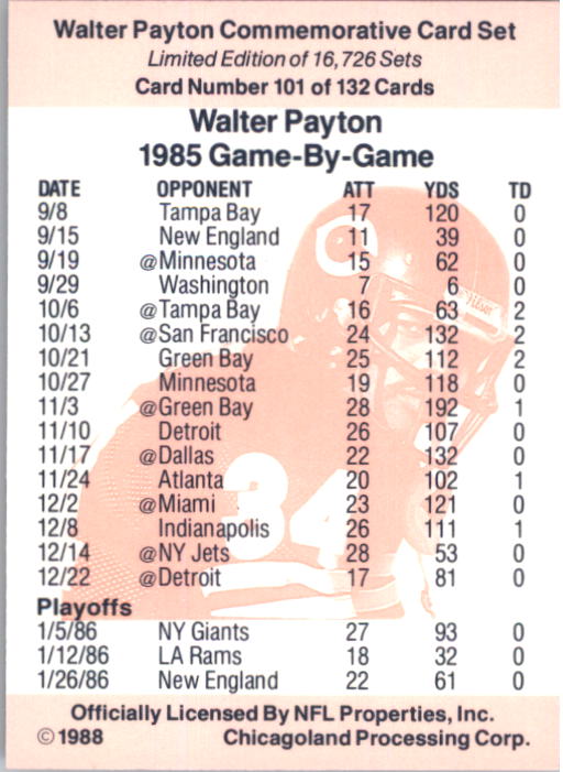 B5535- 1988 Walter Payton Commemorative #s 1-132 -You Pick- 15+ FREE US SHIP