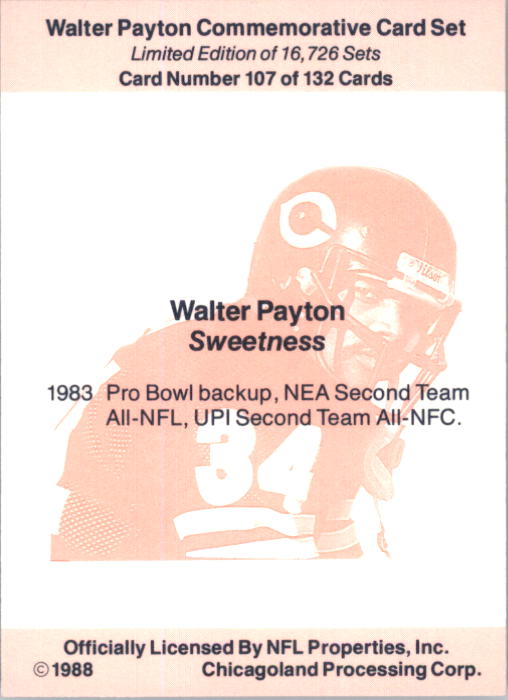 1988 Walter Payton Commemorative #107 Sweetness back image