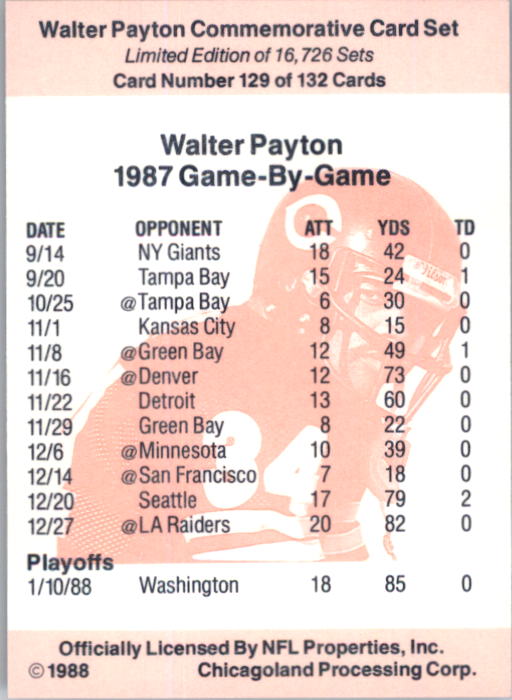 B5535- 1988 Walter Payton Commemorative #s 1-132 -You Pick- 15+ FREE US SHIP