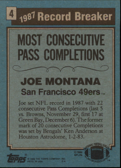 1988 Topps #4 Joe Montana RB/Most Consecutive/Pass Completions back image
