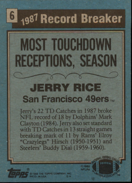 1988 Topps #6 Jerry Rice RB/Most Touchdown/Receptions: Season back image