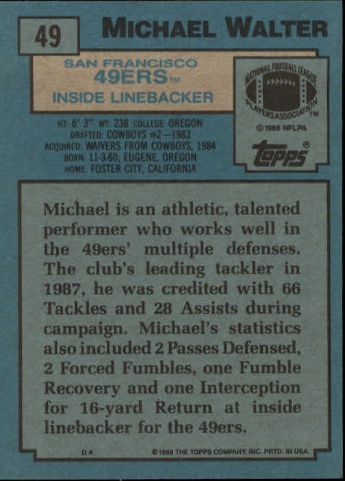 1988 Topps #49 Michael Walter RC back image