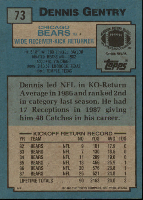 1988 Topps #73 Dennis Gentry back image