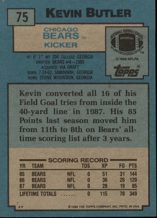 1988 Topps #75 Kevin Butler back image
