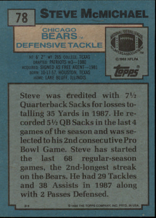 1988 Topps #78 Steve McMichael back image