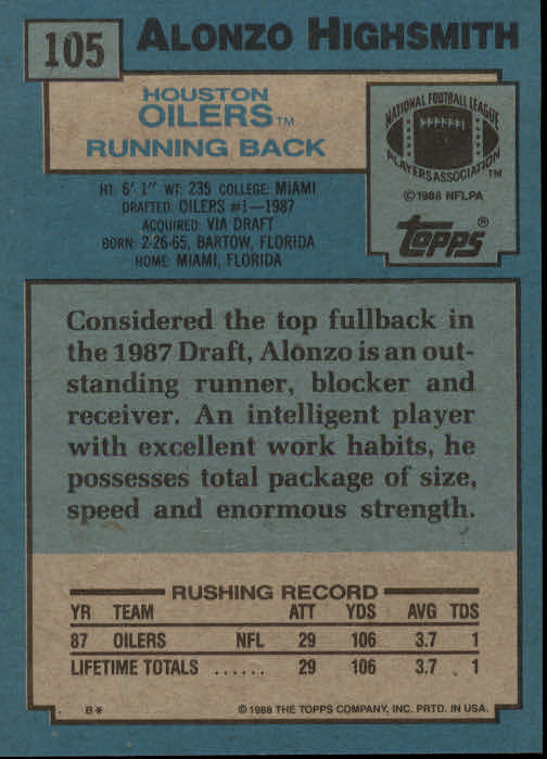 1988 Topps #105 Alonzo Highsmith RC back image