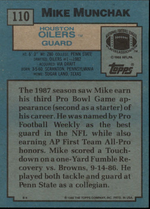 1988 Topps #110 Mike Munchak AP back image