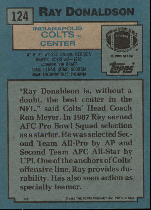 1988 Topps #124 Ray Donaldson back image