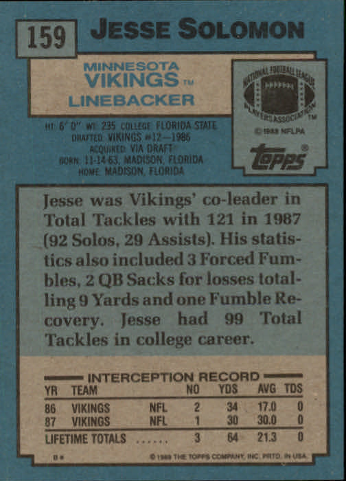 1988 Topps #159 Jesse Solomon RC back image