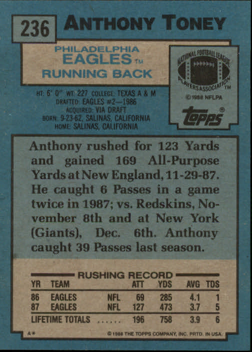 1988 Topps #236 Anthony Toney RC back image
