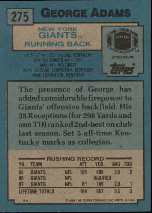 1988 Topps #275 George Adams back image