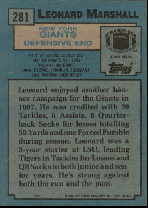1988 Topps #281 Leonard Marshall back image