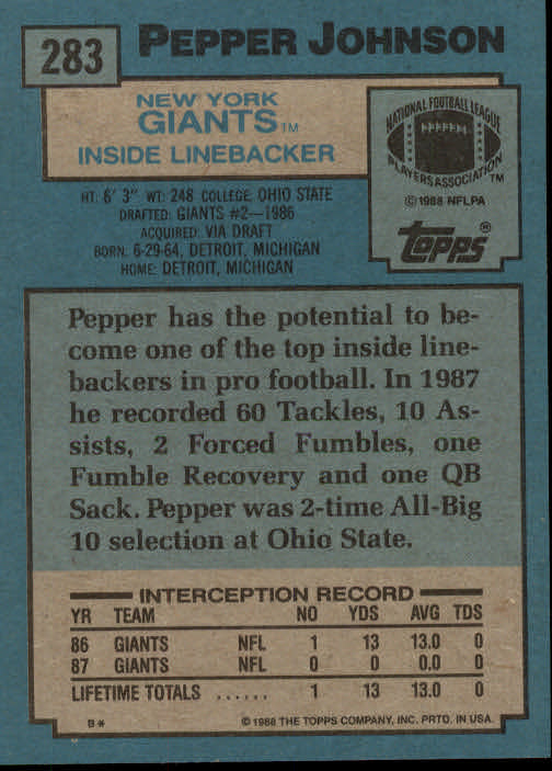 1988 Topps #283 Pepper Johnson back image