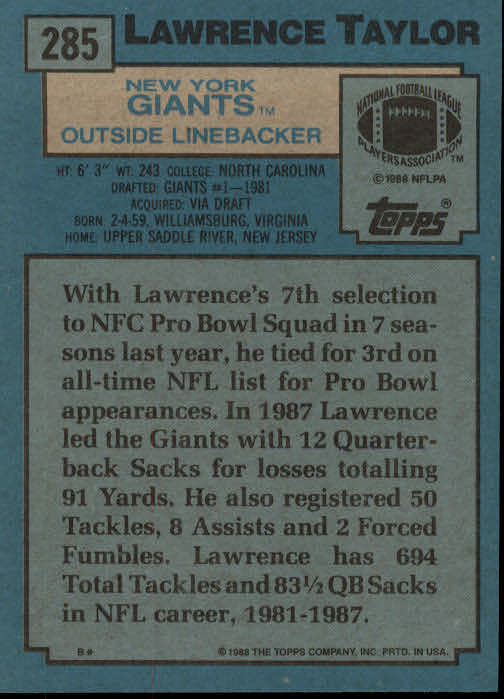 1988 Topps #285 Lawrence Taylor back image