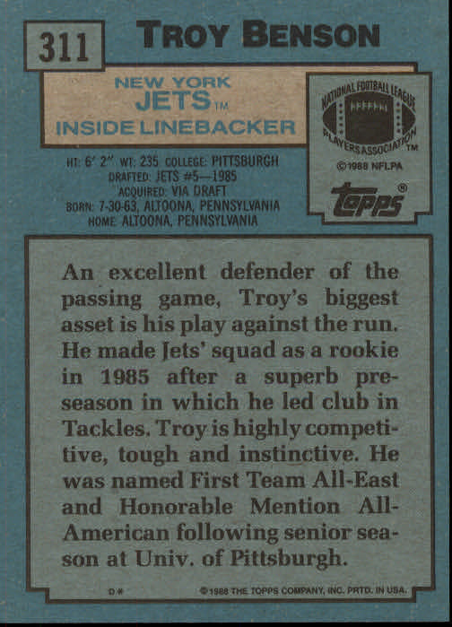 1988 Topps #311 Troy Benson RC back image