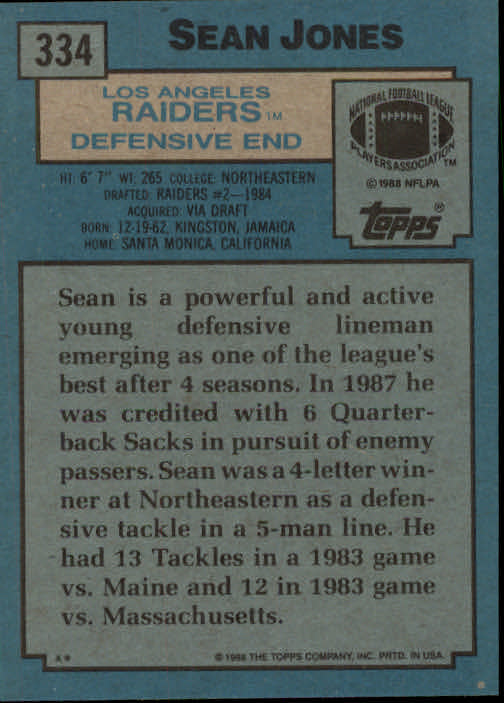 1988 Topps #334 Sean Jones back image