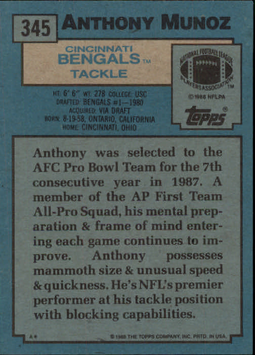 1988 Topps #345 Anthony Munoz AP back image