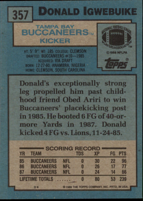 1988 Topps #357 Donald Igwebuike back image
