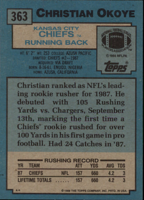 1988 Topps #363 Christian Okoye SR RC back image