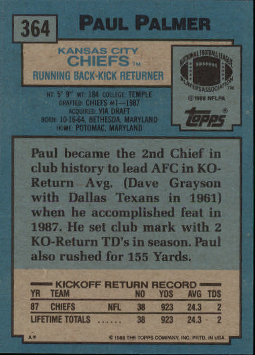 1988 Topps #364 Paul Palmer RC back image