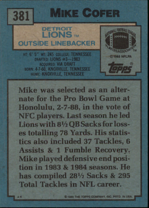 1988 Topps #381 Mike Cofer back image