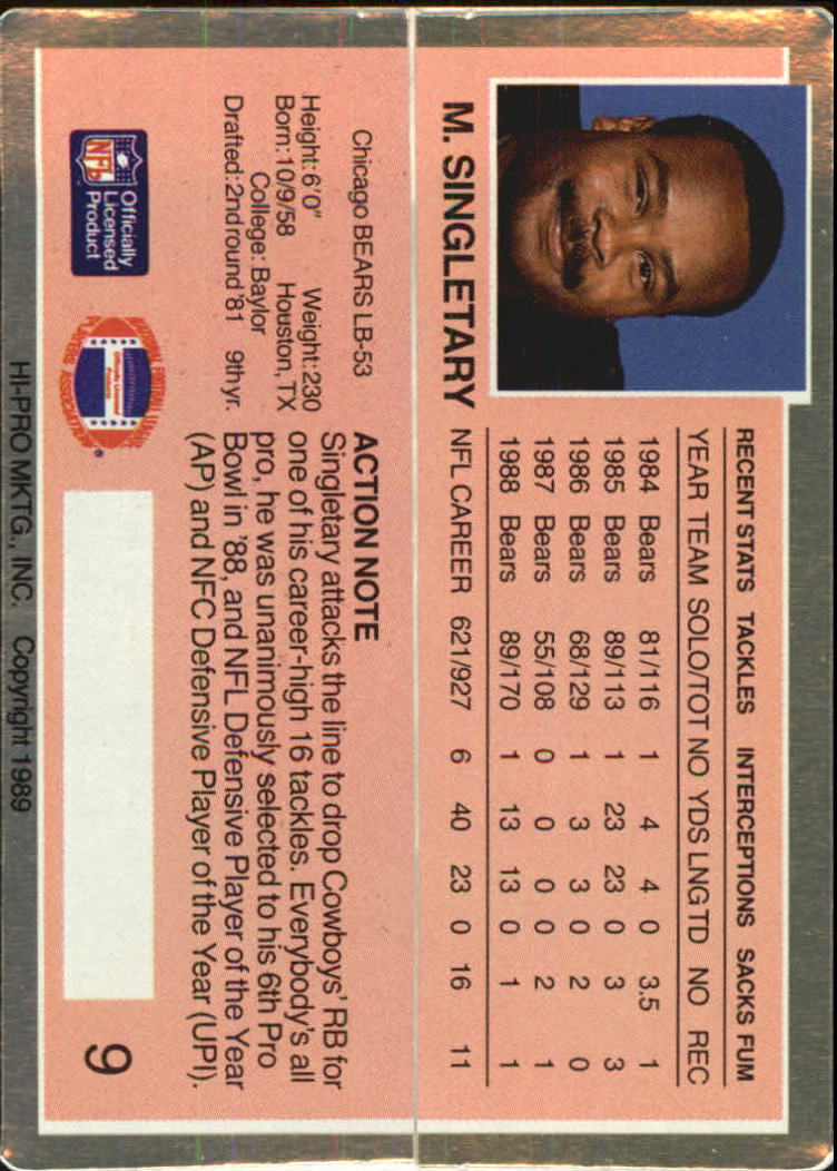 1989 Action Packed Test #9 Mike Singletary back image