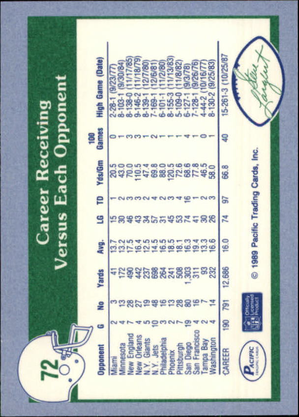 1989 Pacific Steve Largent #72 1618 Career Yards vs. back image