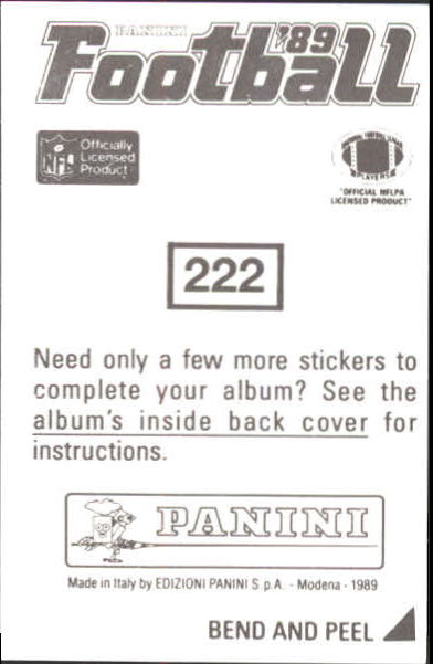 1989 Panini Stickers #222 Scott Norwood back image