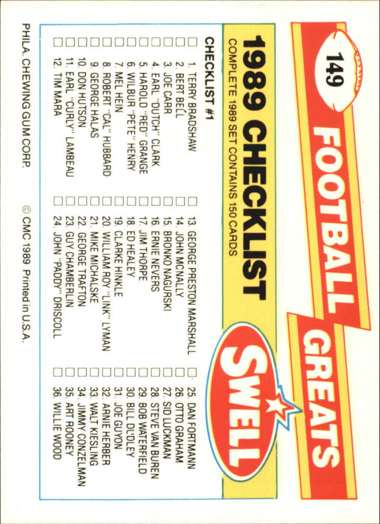 1989 Swell Greats (HOF) Football "Main Set" Base Cards - Bild 284 von 287