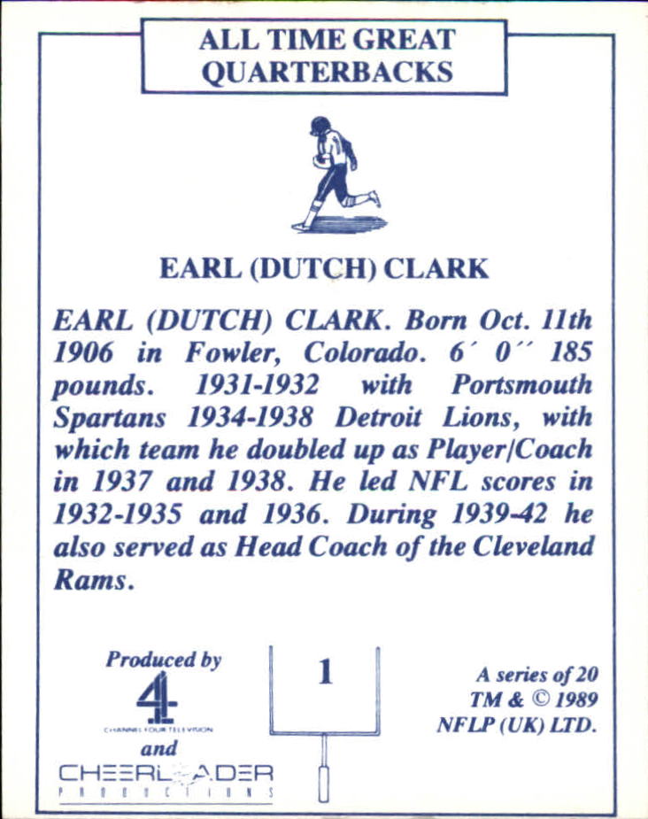 1989 TV-4 NFL Quarterbacks #1 Dutch Clark back image