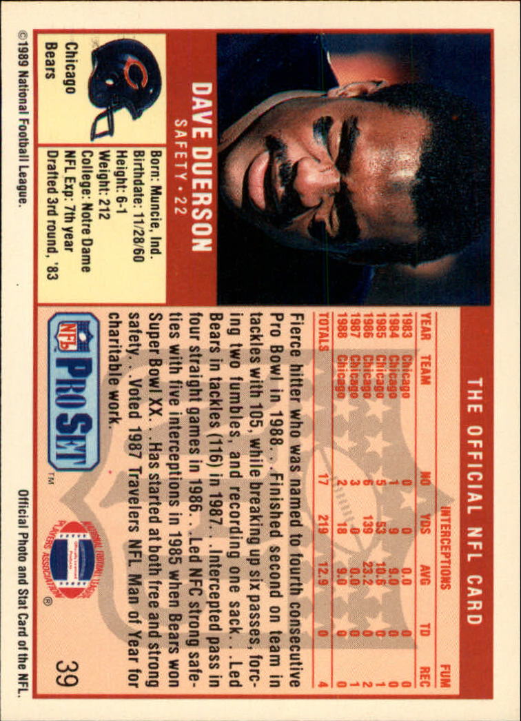 1989 Pro Set #39 Dave Duerson back image