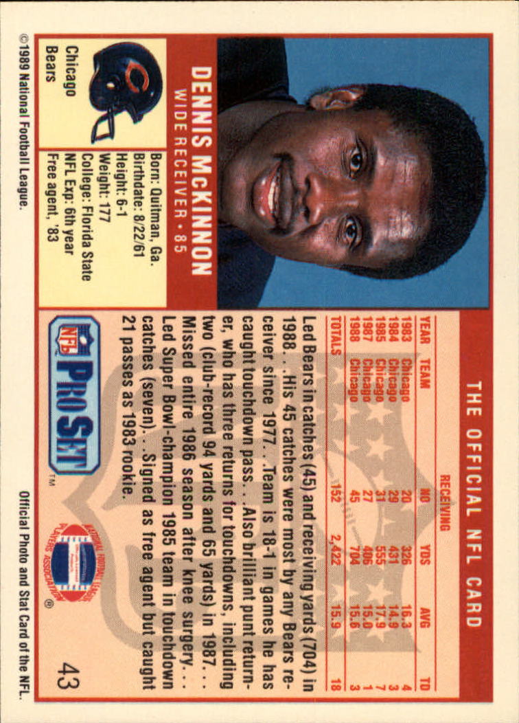 1989 Pro Set #43 Dennis McKinnon UER/(Caught 20 or 21/passes as a rookie) back image