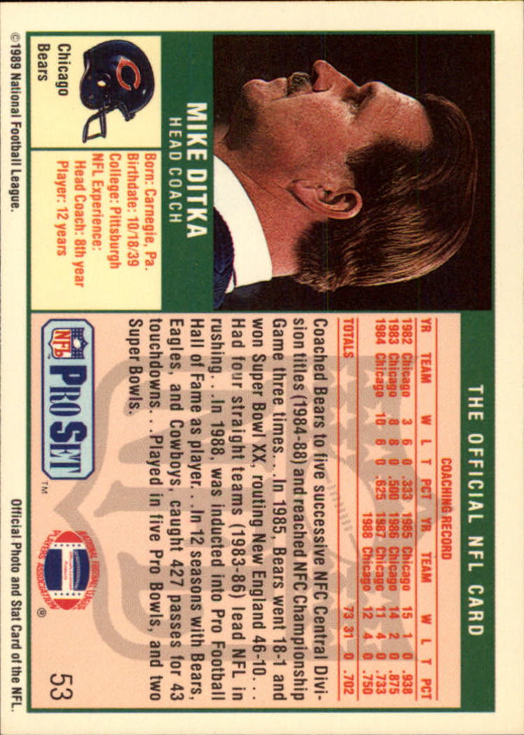 1989 Pro Set #53A Mike Ditka CO/(No HOF mention/on card front) back image