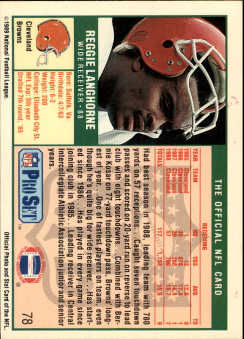 1989 Pro Set #78 Reggie Langhorne RC back image