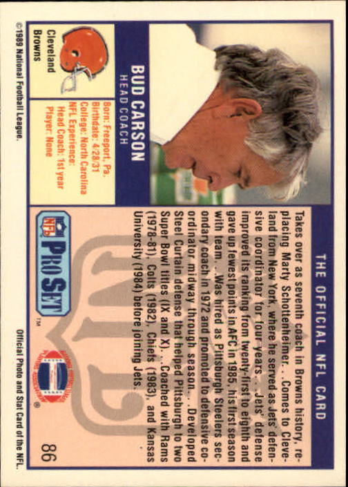 1989 Pro Set #86 Bud Carson CO UER/(NFLPA logo on back) back image