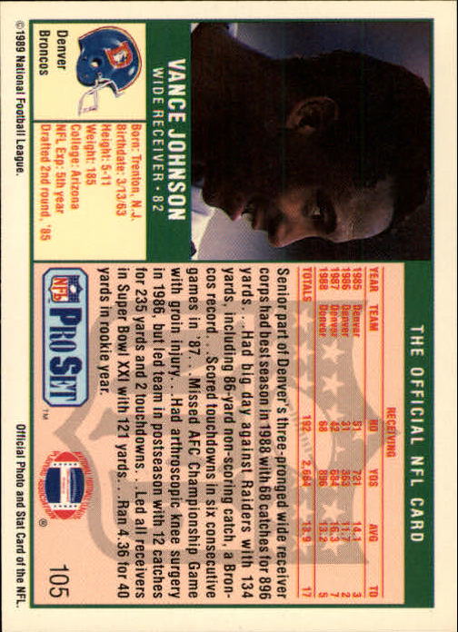 1989 Pro Set #105 Vance Johnson back image