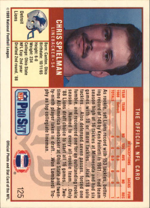 1989 Pro Set #125 Chris Spielman RC back image