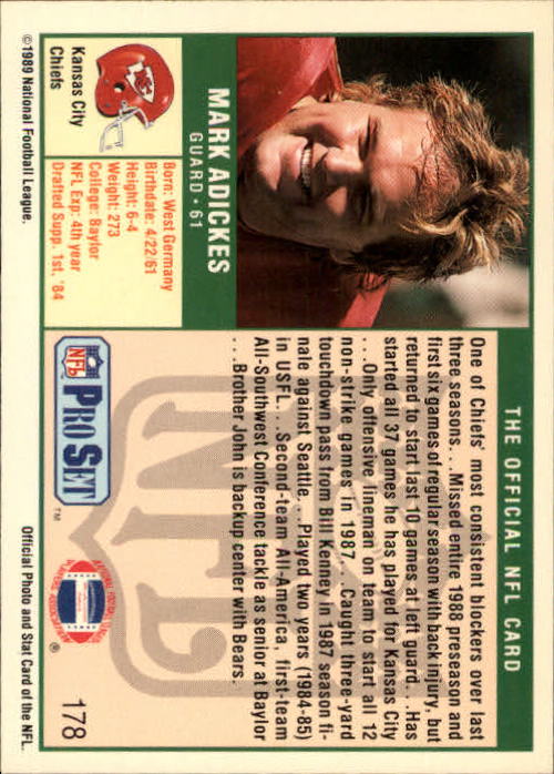 1989 Pro Set #178 Mark Adickes RC/(Out of alphabetical/sequence for his team) back image