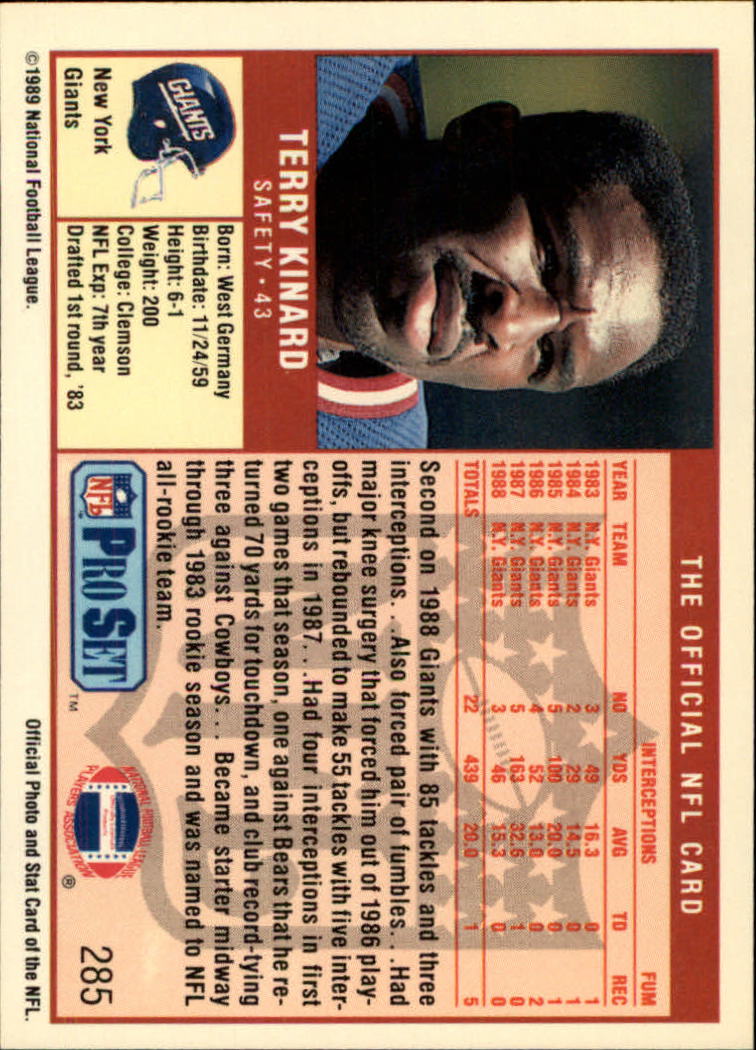 1989 Pro Set #285 Terry Kinard back image