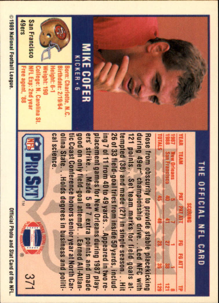 1989 Pro Set #371 Mike Cofer RC/(Joe Montana holding) back image
