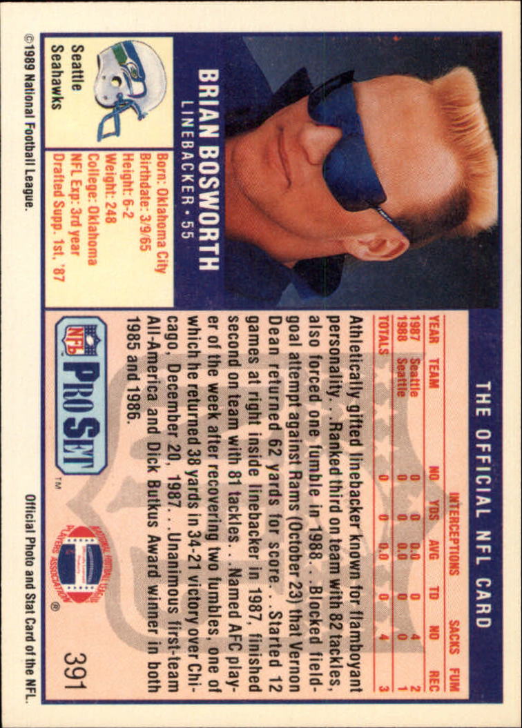 1989 Pro Set #391A Brian Bosworth ERR/(Seattle on front) back image
