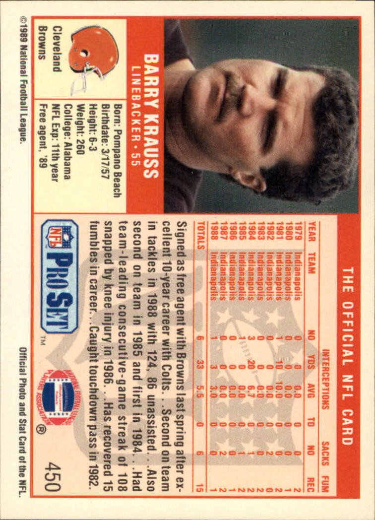 1989 Pro Set #450 Barry Krauss UER/(Listed as playing for/Indianapolis 1979-88) back image