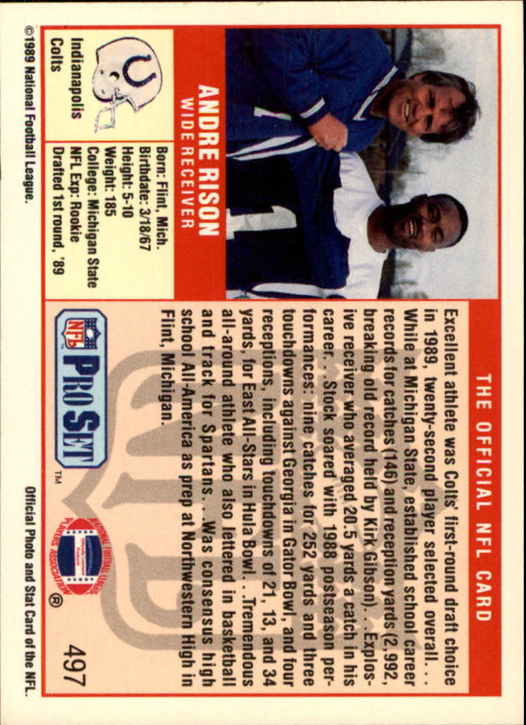 1989 Pro Set #497 Andre Rison UER RC/(Jersey number not/listed on back) back image
