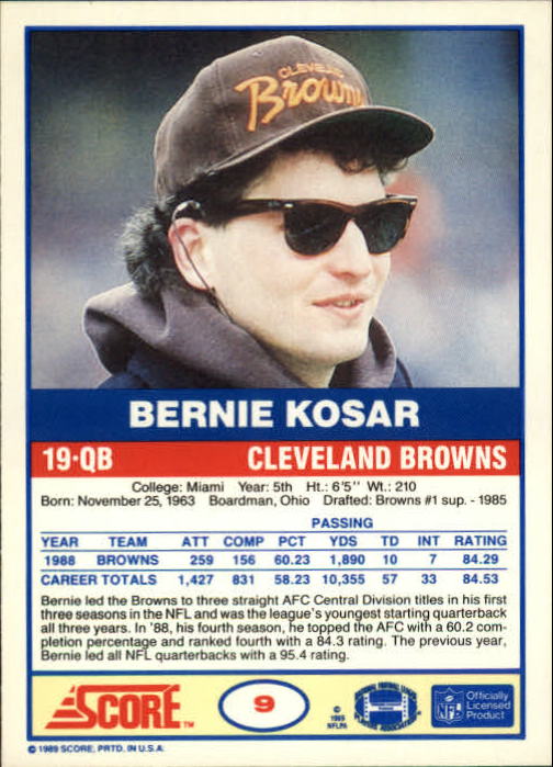 1989 Score #9 Bernie Kosar back image