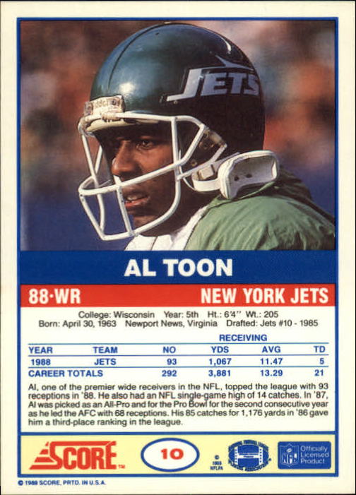 1989 Score #10 Al Toon back image