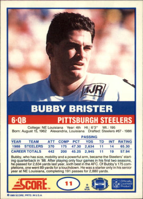 1989 Score #11 Bubby Brister RC back image