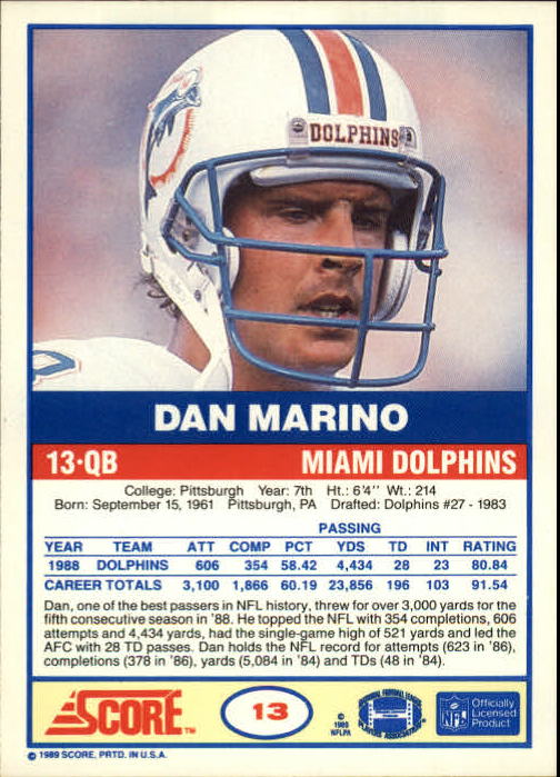 1989 Score #13 Dan Marino back image