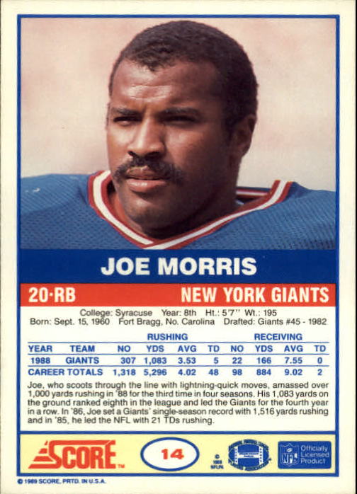 1989 Score #14 Joe Morris back image