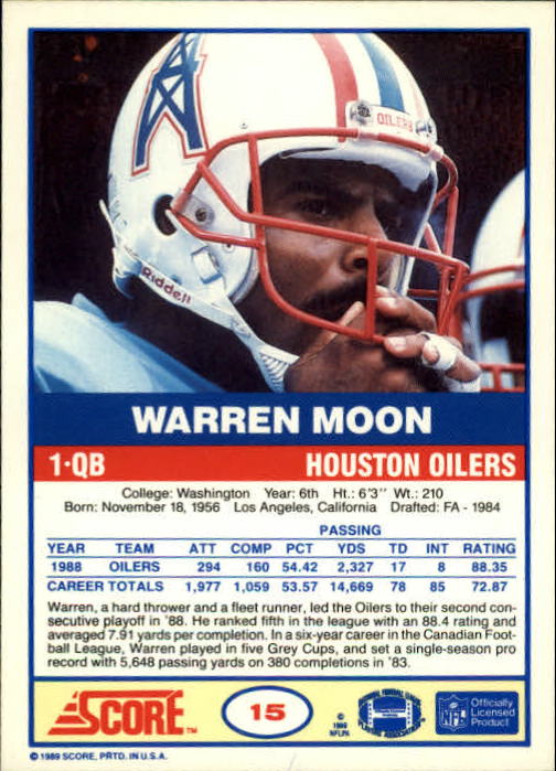 1989 Score #15 Warren Moon back image