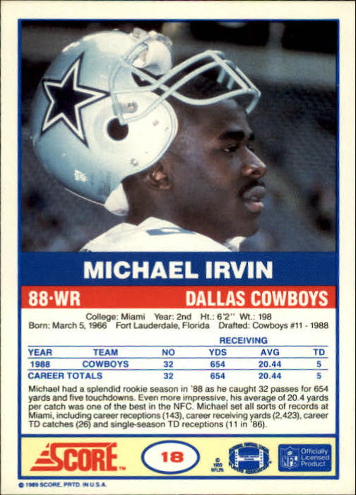 1989 Score #18 Michael Irvin RC back image